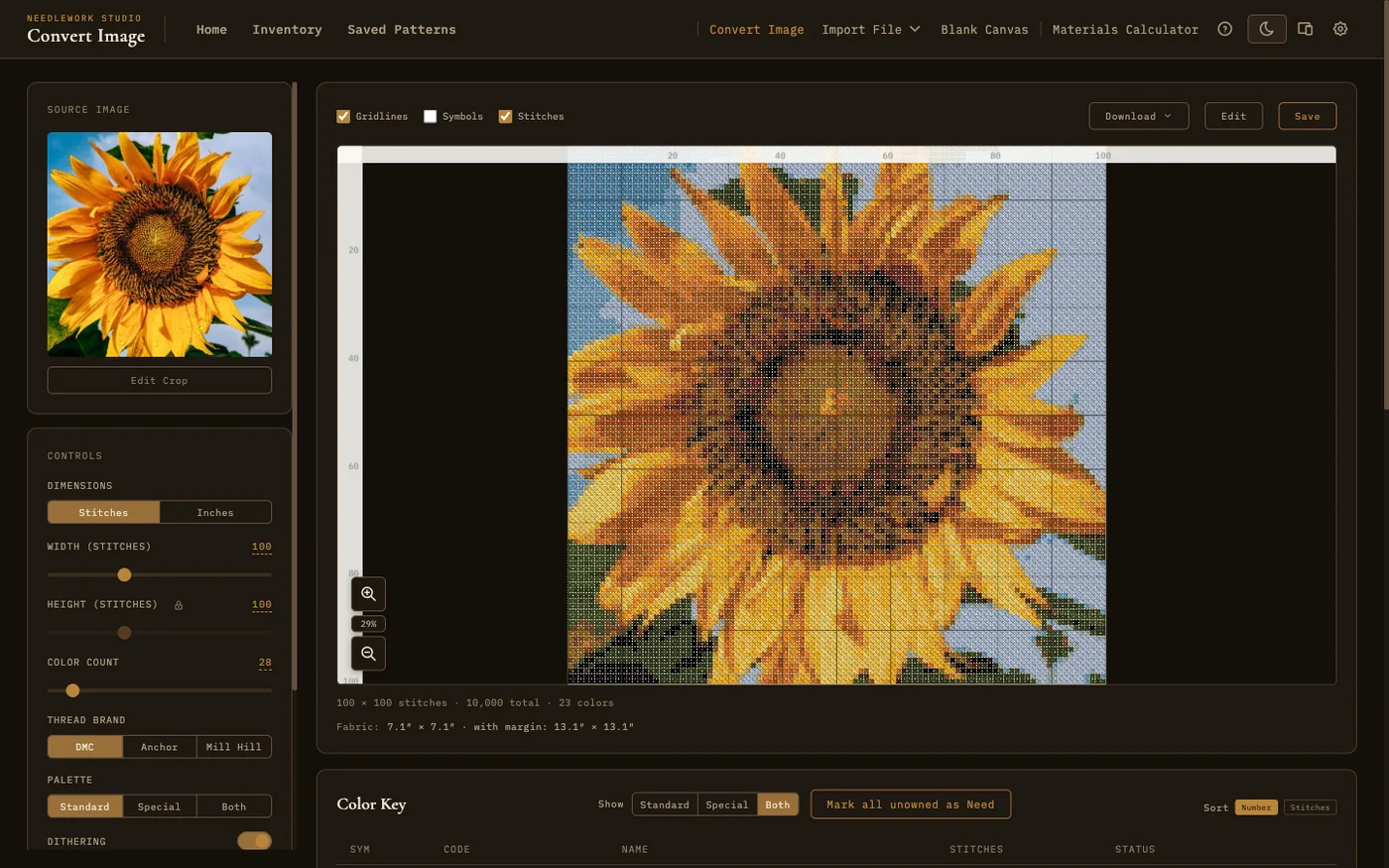A photo of a sunflower converted into a cross-stitch pattern in the app's Image Converter, shown in thread view