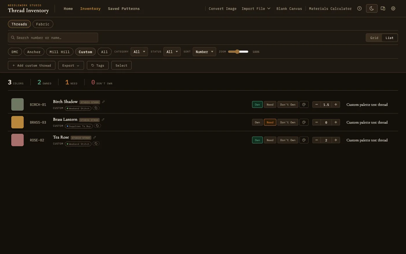 Custom threads shown under the Custom filter in the inventory