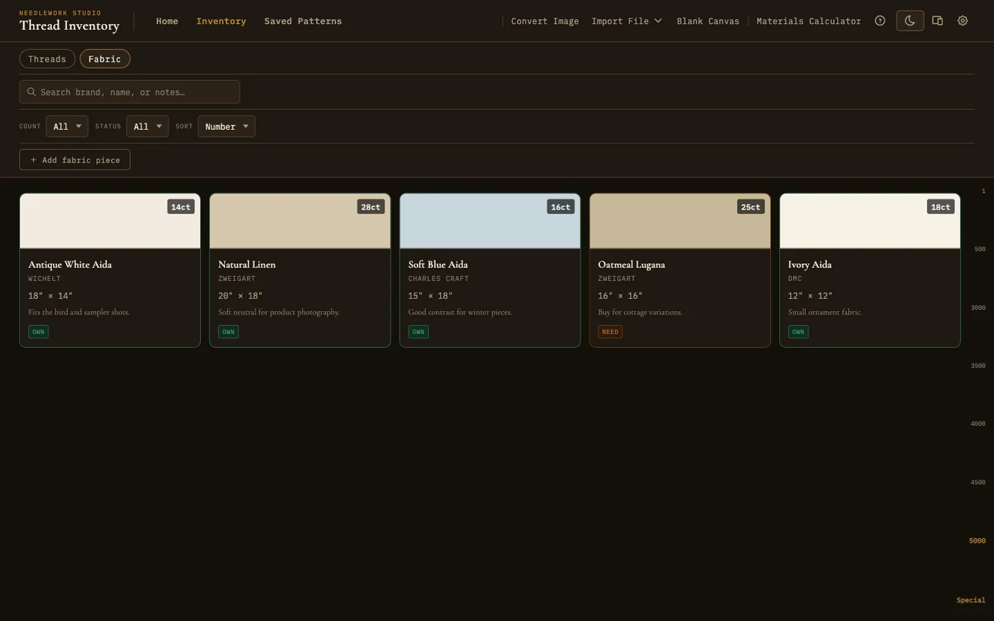 Fabric inventory showing stored fabric pieces