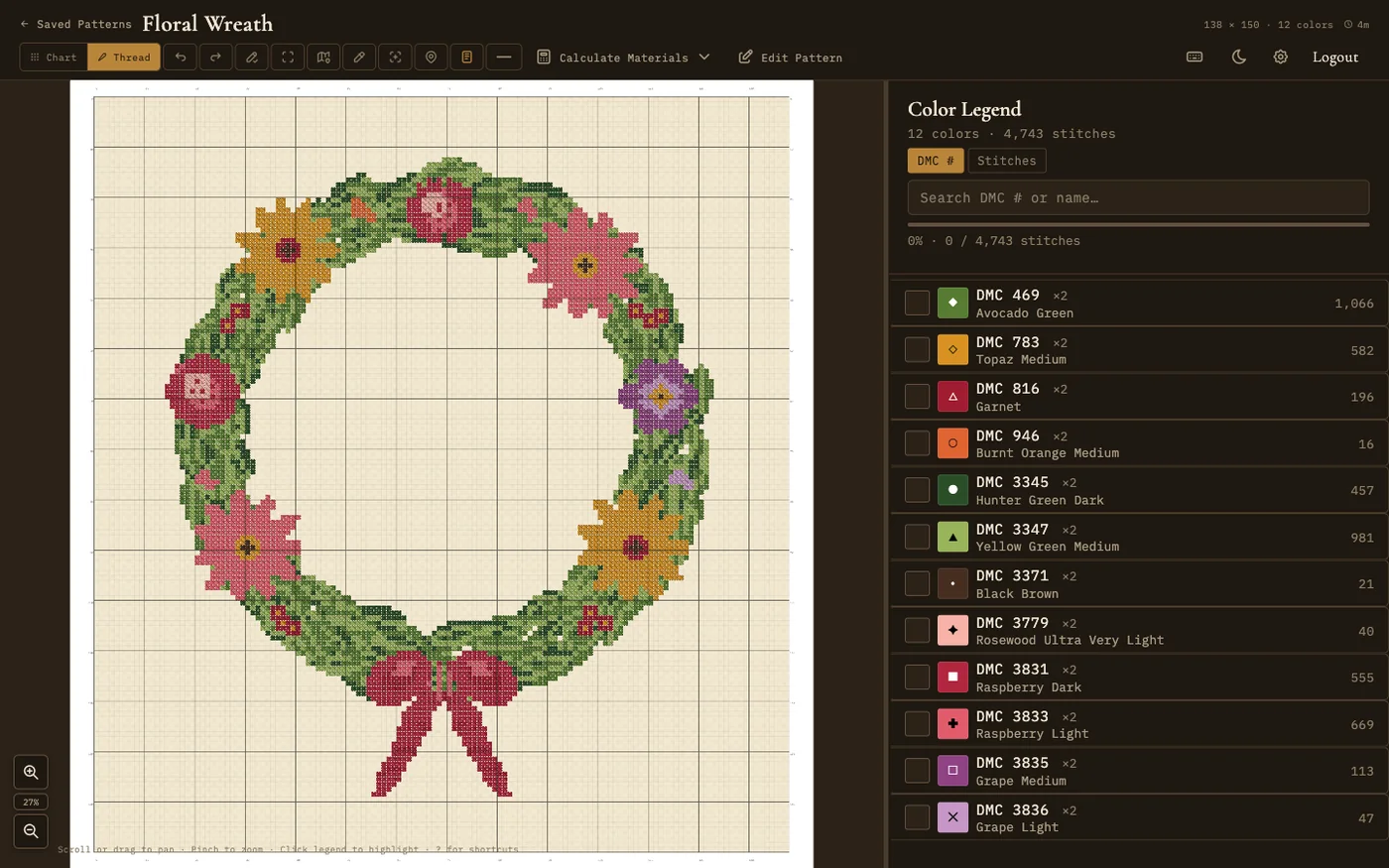 Needlework Studio showing a floral wreath cross-stitch pattern in thread view, with every stitch rendered as real floss