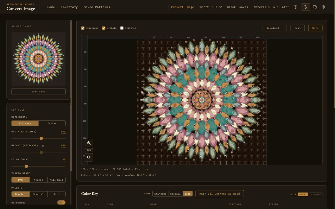 The Needlework Studio image-to-pattern screen with a drop zone for uploading a photo