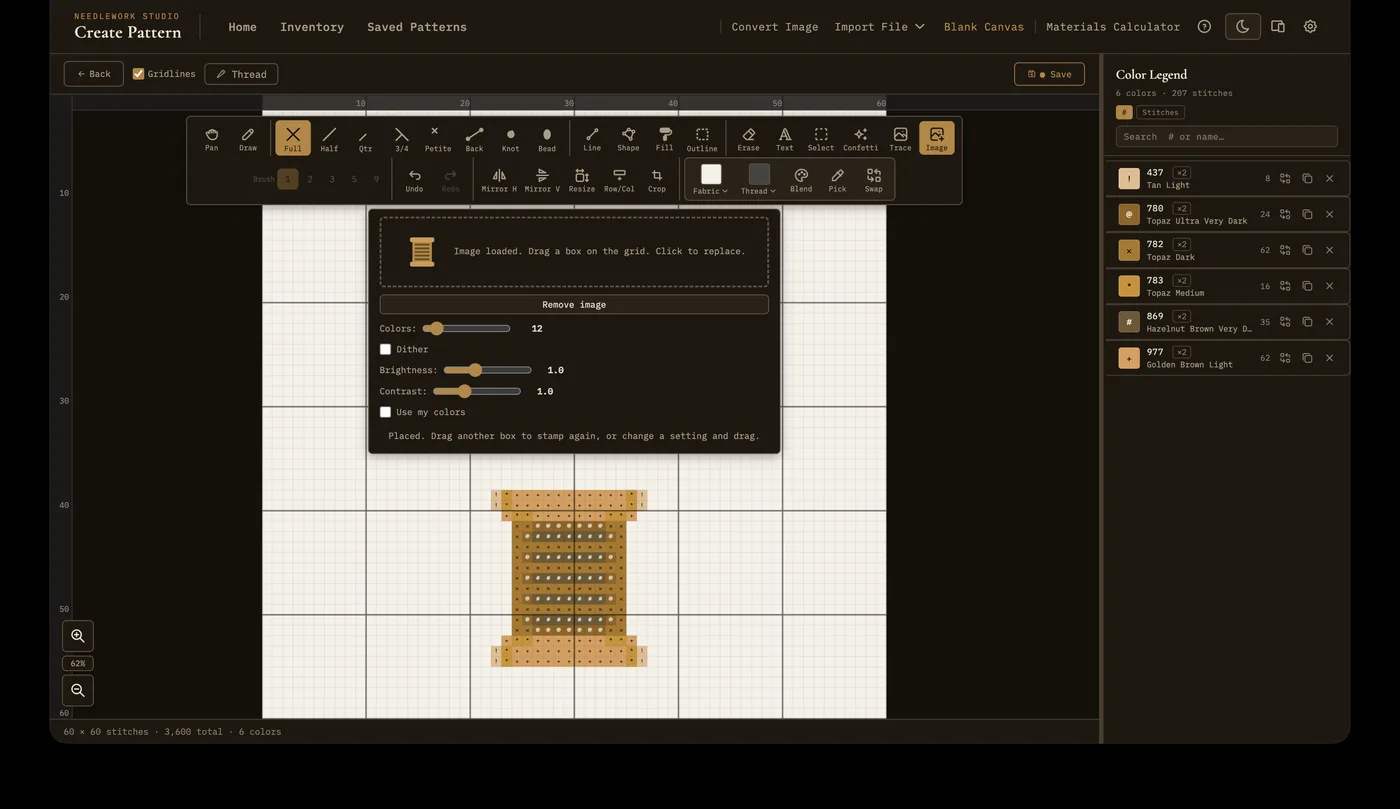 The Image to Stitches tool active in the pattern editor