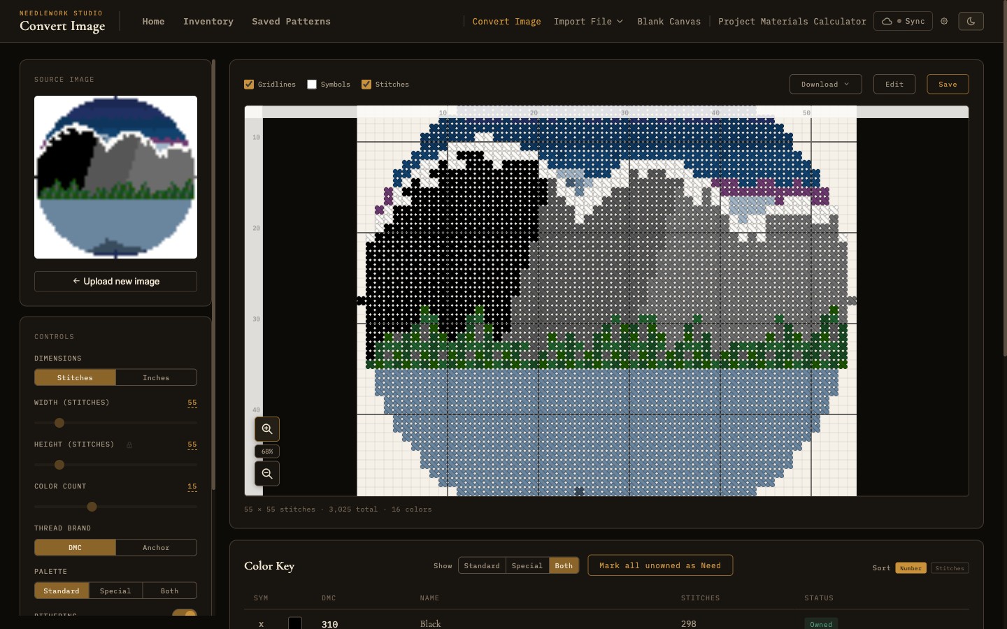 Pattern design view with source image, controls, and generated chart