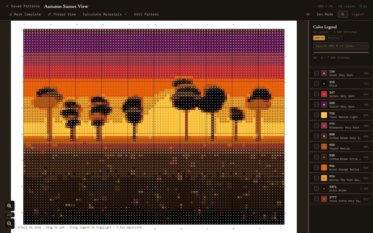 Needlework Studio pattern viewer showing a cross-stitch chart