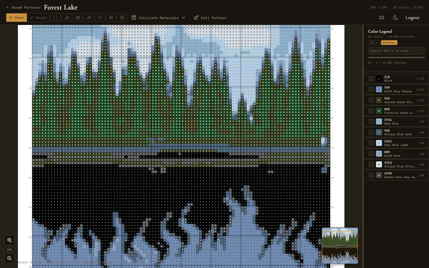 Needlework Studio pattern viewer showing a cross-stitch chart