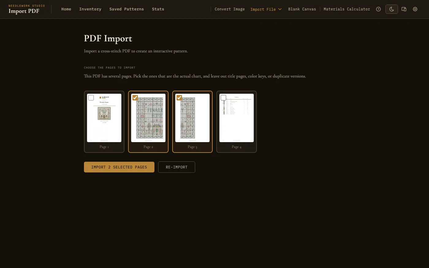 Choosing which PDF pages to import, with the cover and color key unticked