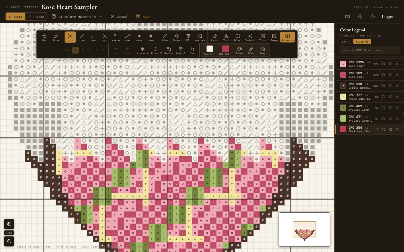 A black-and-white symbol chart on the stitching canvas, partly stitched over in color