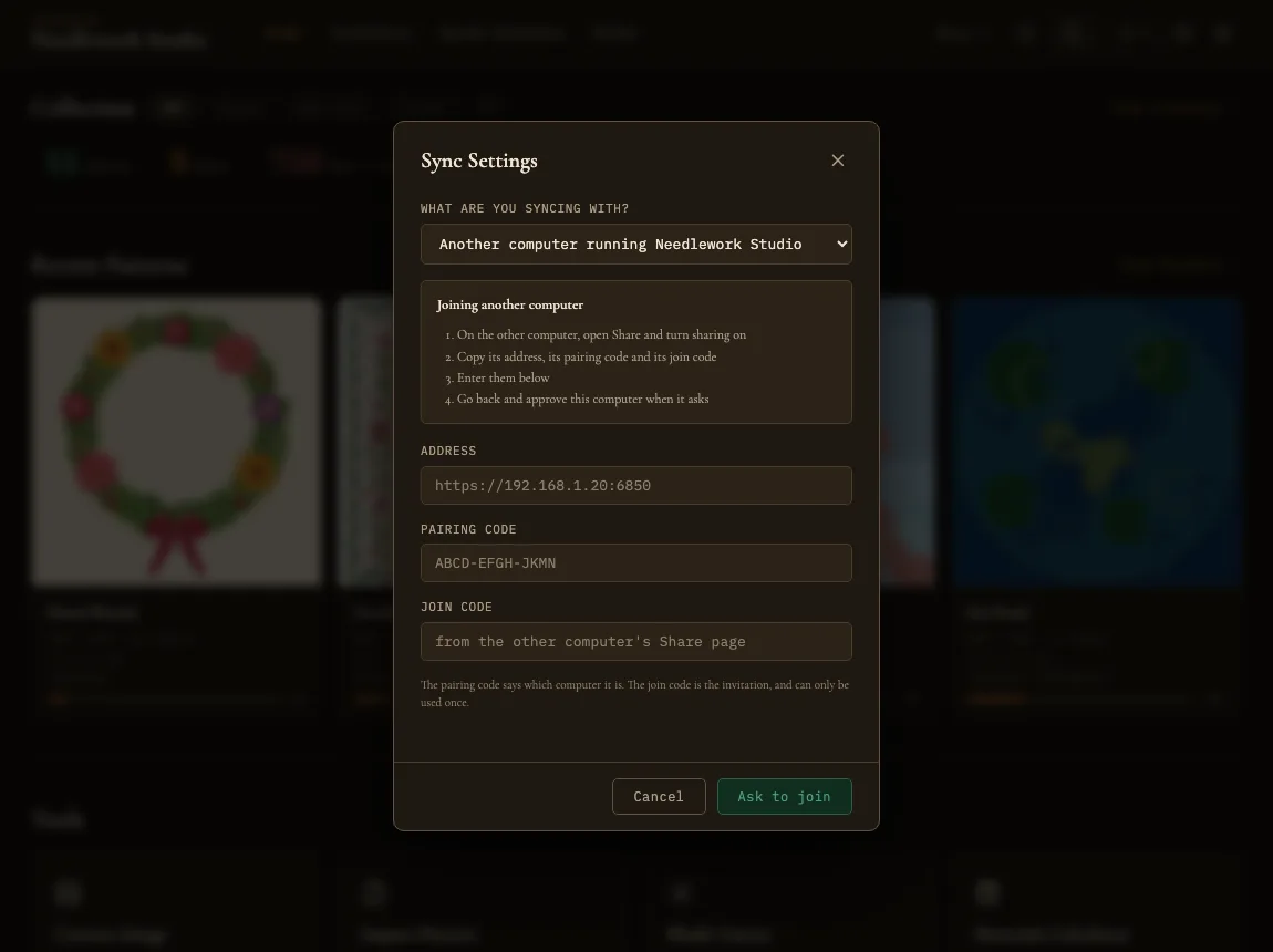The Sync Settings window set to join another computer