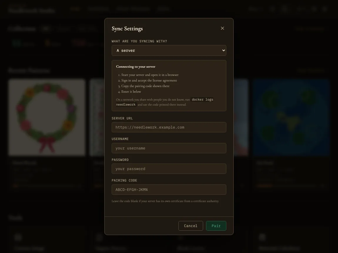 The Sync Settings window set to connect to a server