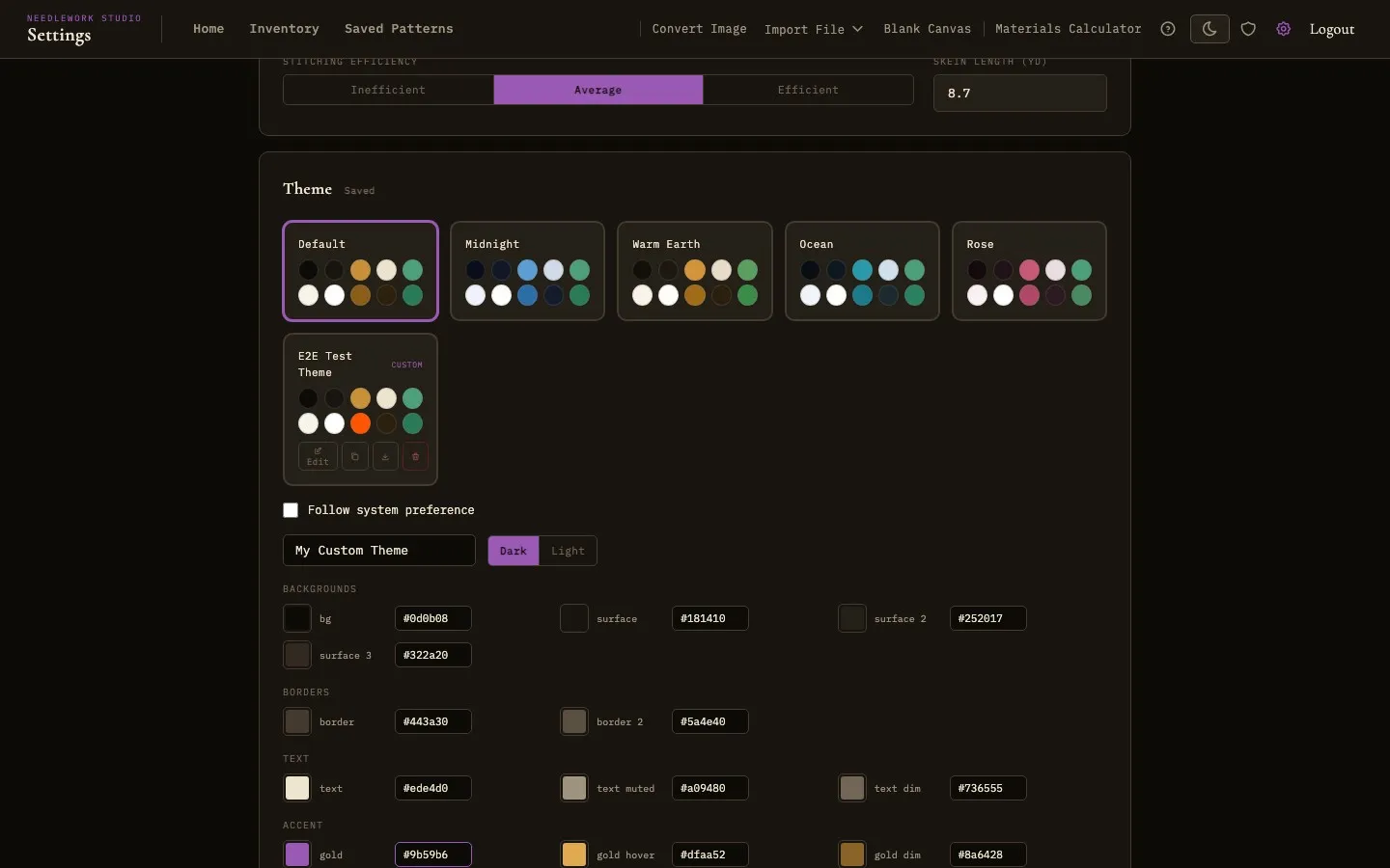 Custom theme color editor with name field, dark/light toggle, and color pickers for each token group
