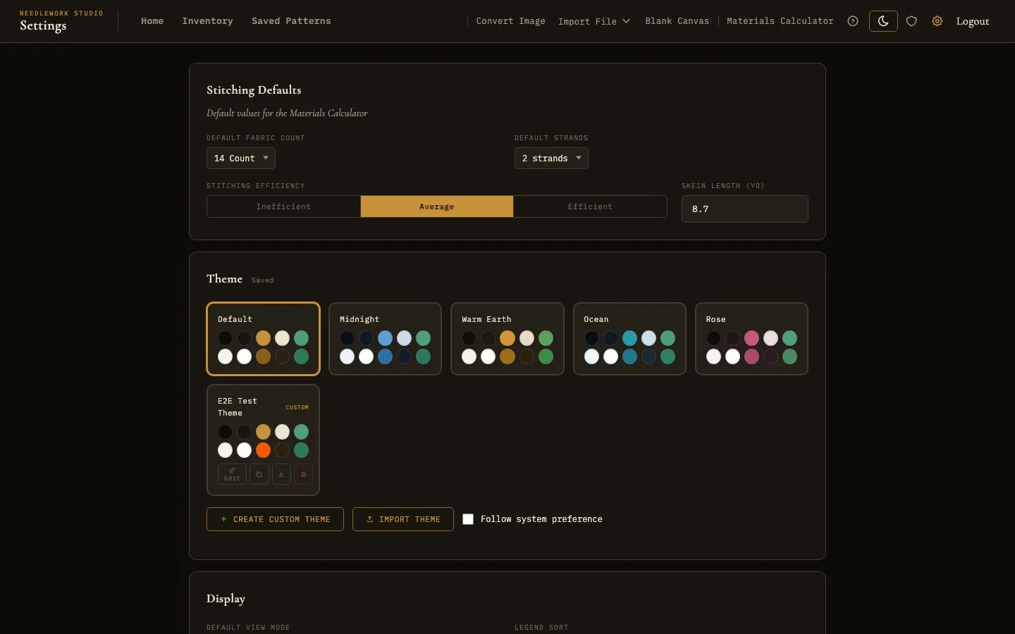 Settings page with theme picker showing five preset themes in dark mode