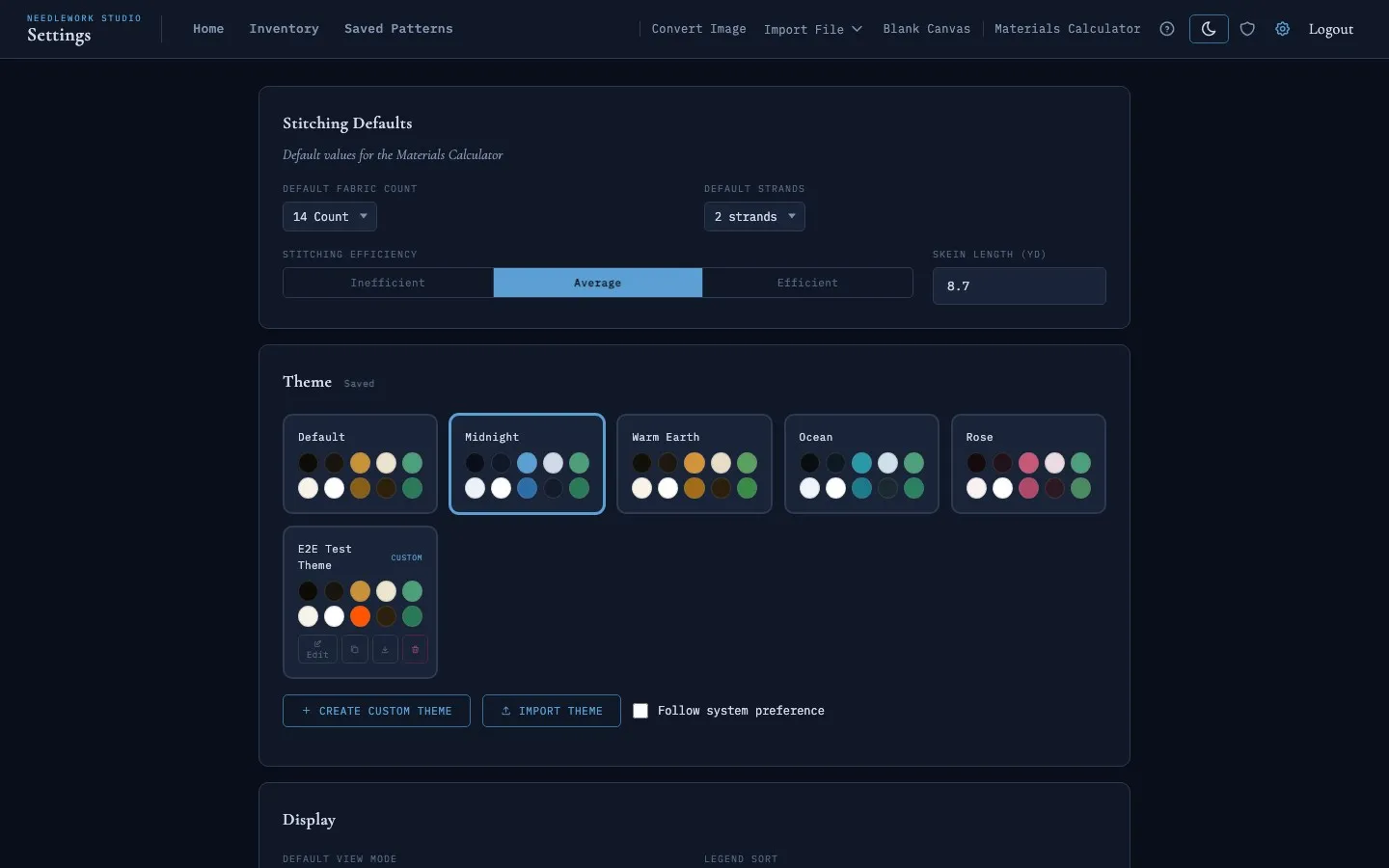 Settings page with the Midnight theme active showing blue-tinted dark interface