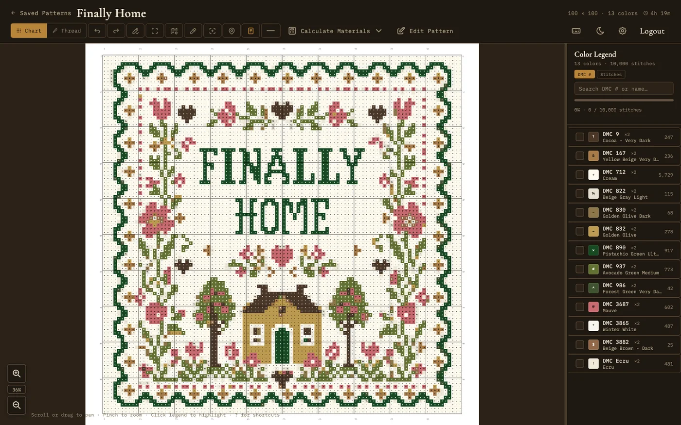 A 'Finally Home' cottage sampler open in the pattern viewer's chart mode, with the color legend