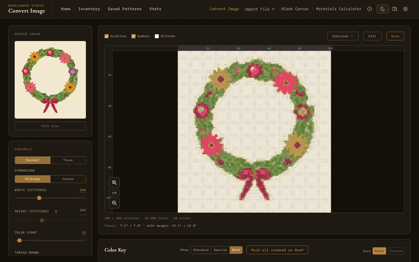 Pattern design view with source image, controls, and generated chart
