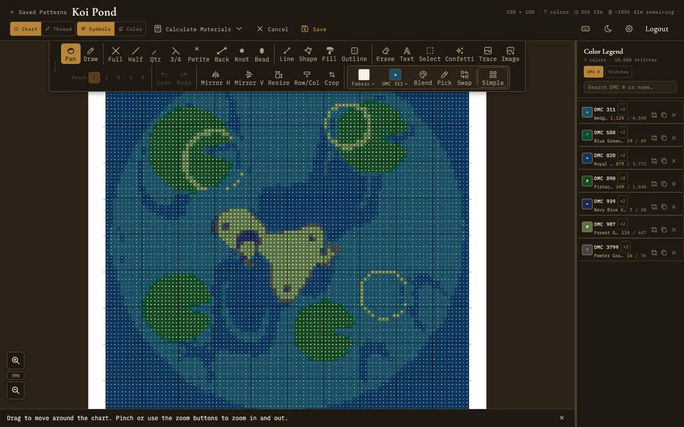 Pattern editor with drawing toolbar and stitch types