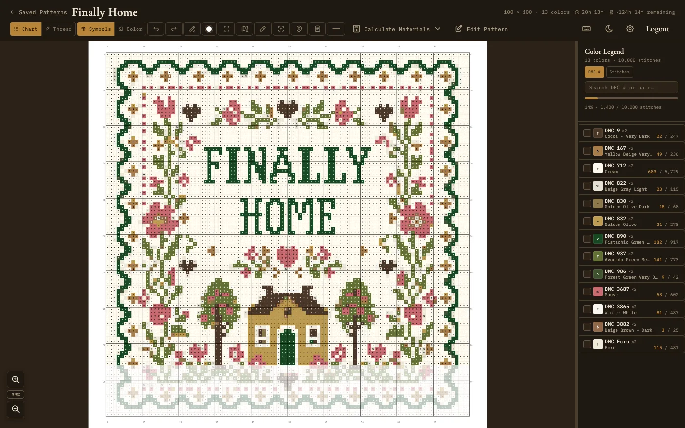 Pattern viewer showing a cross-stitch chart with color legend